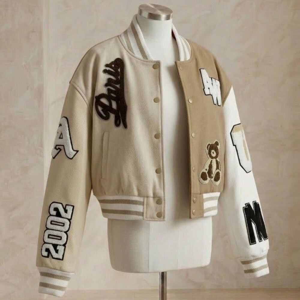 Azalea Wang Paris Varsity Bomber Jacket Womens Size L Cream Tan Letterman Patch